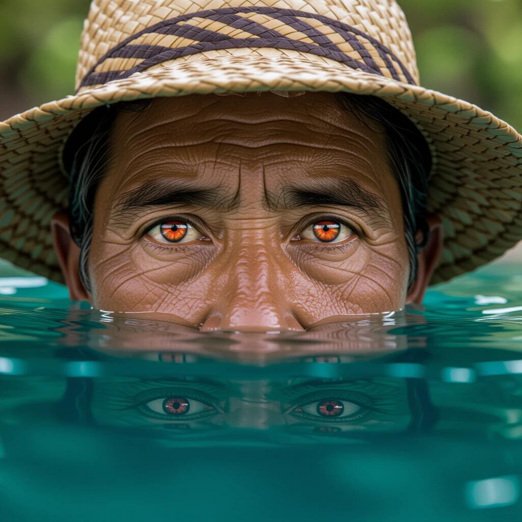 Luis hears a sound and turns around. He sees eyes reflecting in the water. The eyes belong to Ñawi. They are red and bright. The duende murmurs in an ancient language. He hides under the water. The atmosphere feels heavy.