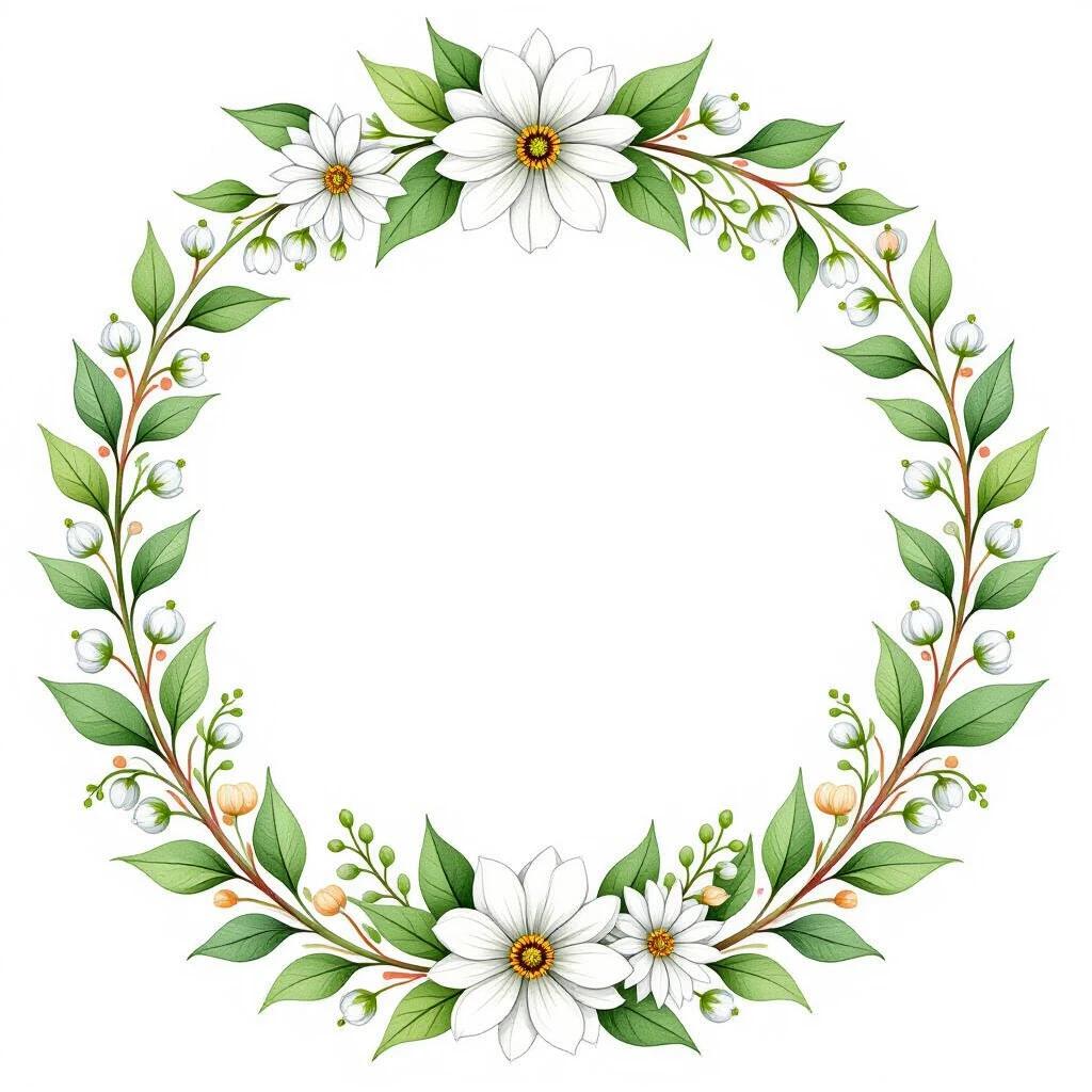 Soft watercolor illustration creating a circular floral wreath featuring white daisies and lilies of the valley. Green leaves surround the flowers. The design is minimalistic and romantic with a light theme on a bright white background. Vivid and soft lines enhance the gentle watercolor style.