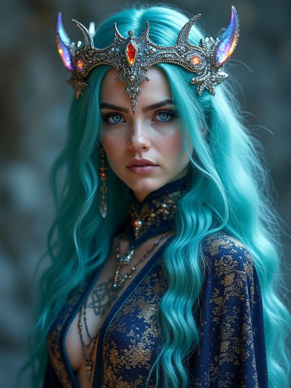 A depiction of a woman with teal hair and glowing eyes. A cosmic themed guardian exuding beauty. Wearing intricate robes and a futuristic crown. Surrounded by holographic constellations. Holding a scepter. Tattoos change based on emotions.
