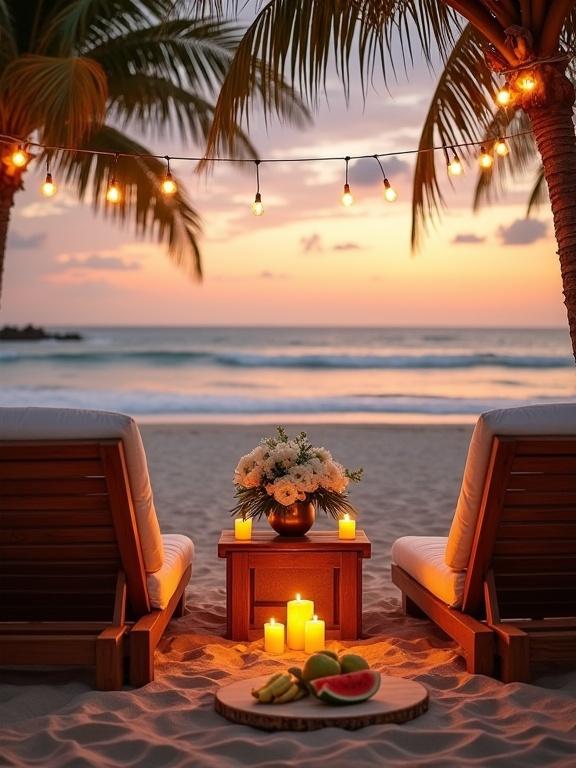Image depicts beachside loungers set up for a romantic sunset dining or relaxing experience. Warm golden lighting from the sunset fills the scene. A small wooden table holds a floral arrangement and a fruit platter. Soft lighting from candles and string lights adds warmth to the atmosphere. Two loungers face the ocean. The sky has a warm gradient. Tropical palm trees frame the scene.