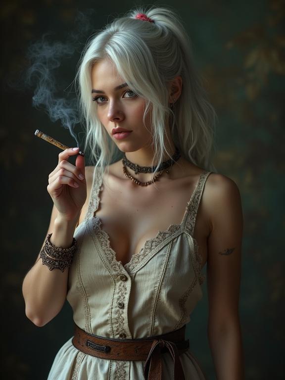 Photograph features a woman with white hair wearing a chemise. She is smoking a cigarette. The background has a vintage floral pattern.
