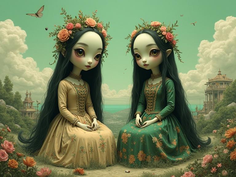 Digital painting of two chibi-eyed ladies in a surreal landscape. Hyper-detailed setting with volumetric lighting. Monochromatic green color scheme. Elements of dystopia and grotesque. 1700s fashion. Eerie atmosphere with floral accents.