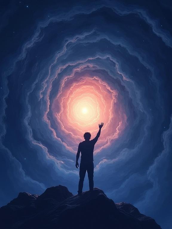 Silhouette of a person reaching into a swirling vortex with deep blue and purple tones. A warm orange light shines above. The scene evokes a struggle between despair and hope.