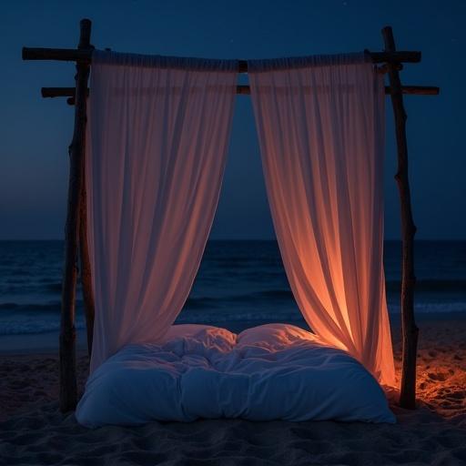 Hyper realistic night scene on the beach with a mattress and sheer curtains. Beach sand under a dark blue sky with stars visible. Thin mattress without legs partially covered by wrinkled sheets. Wooden arch supports the curtains. Dark orange glow on the horizon from a campfire. Actress in a swimsuit hugging a fluffy duvet. Overall dark gradient ambiance with highlighted curtains.