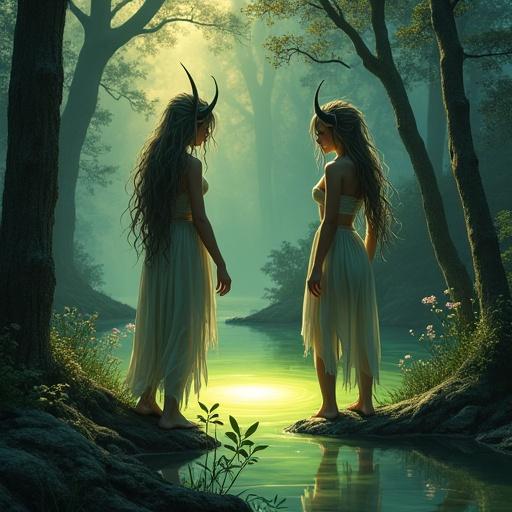 Two elf women stand near a glowing pond in a magical forest. They have long hair and wear flowing dresses. Soft light illuminates the scene creating an enchanting atmosphere.