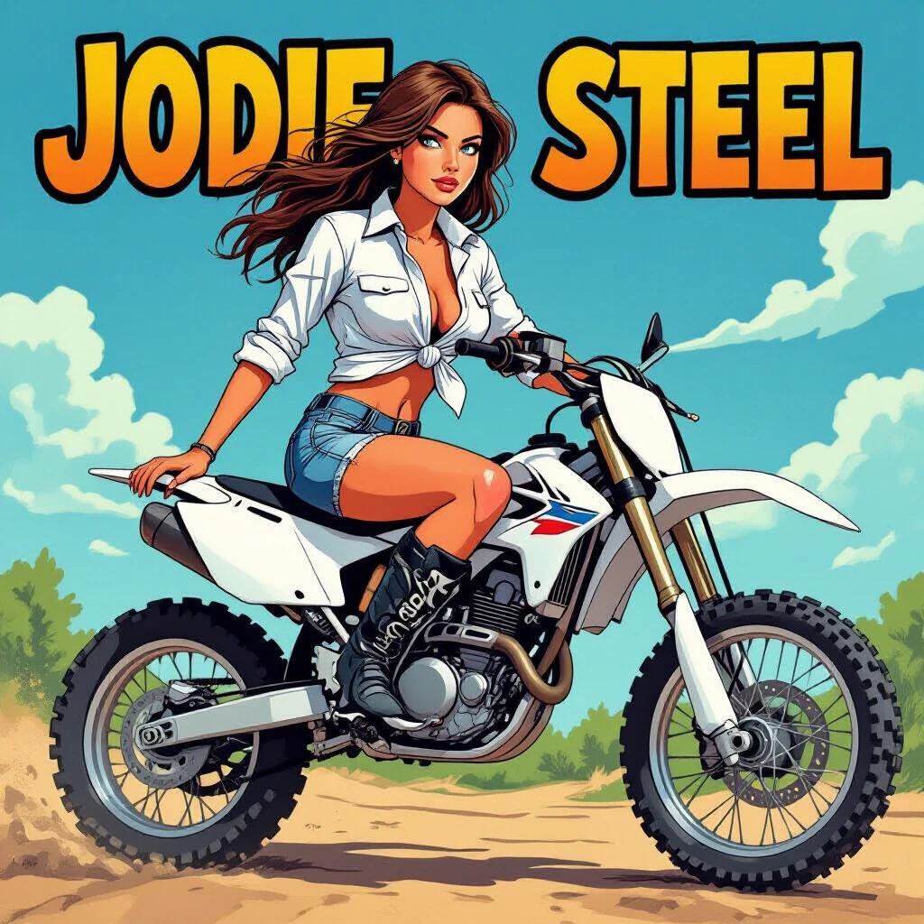 A confident girl rides an off-road motorcycle. She has bright blue eyes and short straw-blonde hair styled in a punk cut. Girl wears a white shirt knotted at the front, long sleeves rolled up. She pairs it with ripped denim shorts and motorcycle boots. The motorcycle is on its rear wheel. The scene shows strong contour lines in a comic style with photorealistic colors. The background suggests an outdoor adventure.