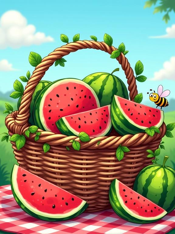 Illustration of a large wicker basket filled with watermelon slices and whole watermelons. Bright red flesh and green striped rinds. Rustic basket with texture and leaves. Set on a picnic blanket under a sunny sky with fluffy clouds. Includes a happy bumblebee.