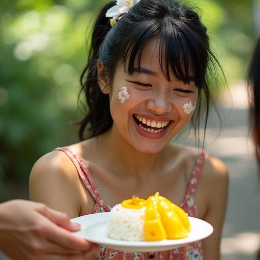 A 23-year-old Thai woman laughing while passing a plate of mango sticky rice. Juice dribbling down her chin. Black hair in a messy ponytail with a flower hairpin. She wears a floral sundress. Smudge of coconut cream on her cheek. Eyes crinkle into crescents with joy. Sunlight filters through tree leaves dappling her shoulders. A friends hand reaches for the plate beside her. Candid joy outdoor light realistic mess juice cream 35mm lens