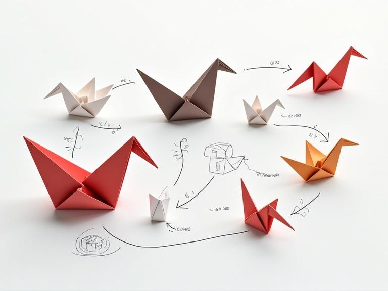 Illustration of UX design process using origami models with sketches.
