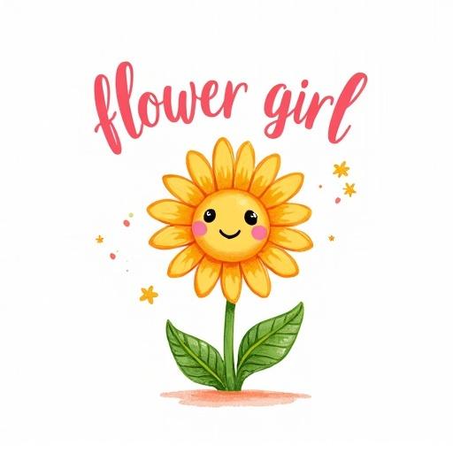 Hand-drawn cartoon design of a daisy with a smiling face. The daisy has bright colors with detailed petals. The text 'flower girl' appears above in cursive font. Design is on a white background for a kids t-shirt.