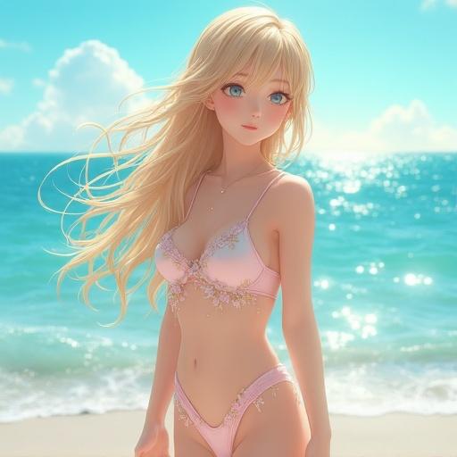 A full-body portrait of a young woman enjoying a sunny beach day. She wears a tasteful swimsuit that highlights her figure. Her golden hair shines in the sunlight, flowing in the breeze. She stands near the water with droplets on her skin, exuding a joyful expression. The swimsuit features delicate, shimmering fabric and sakura motifs. The background has a sparkling blue sea under a clear sky.