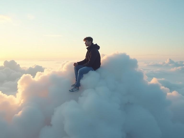 A person sits on a fluffy cloud in a dreamlike scene. The figure is silhouetted against pastel-hued clouds and a pale blue sky. Wearing a dark jacket and jeans suggests a cool environment. The cloud is voluminous and soft with gray and white shades. The setting sun casts a warm glow.