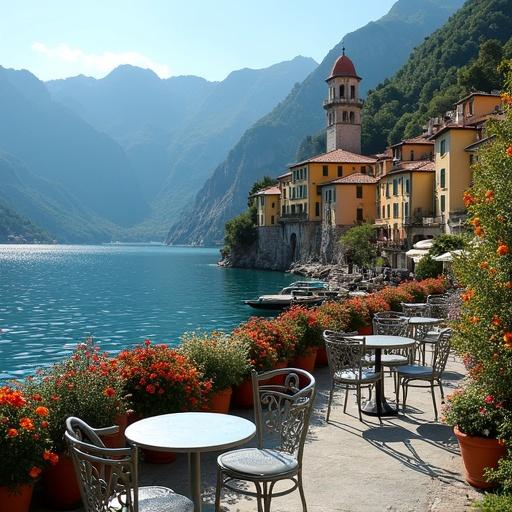 Idyllic lakeside village nestled at the mountains. Scenic terrace area with café tables and blooming potted plants. Charming lakeside buildings in warm tones by the water. Peaceful lake with small boats. Dramatic mountains in the background. Bright blue sky with fluffy clouds. Romantic and relaxing atmosphere.
