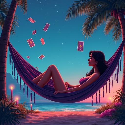 A tarot reader is slouched in a hammock. Oversized tarot cards are flying around. A tropical setting features candles and crystals. Dreamy vaporwave color scheme in illustrated poster style.