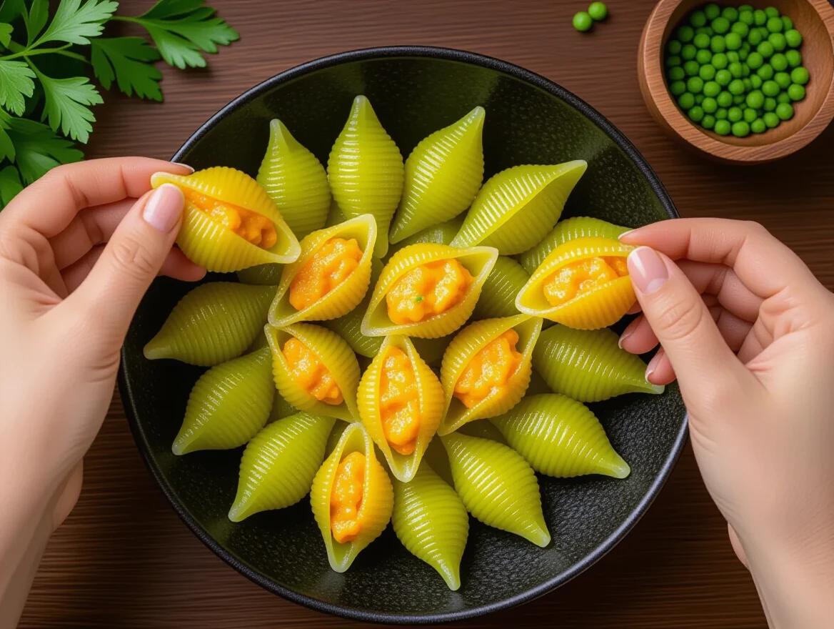 Close-up food photograph of green pasta shells filled with orange filling. Arranged on a matte black plate. Hands reaching in from top. Fresh parsley leaves in the frame. Wooden bowl with green ingredients in background. Pasta shells are uniform in size. Glossy appearance. Brown grain pattern on wooden table. Bright, even lighting.