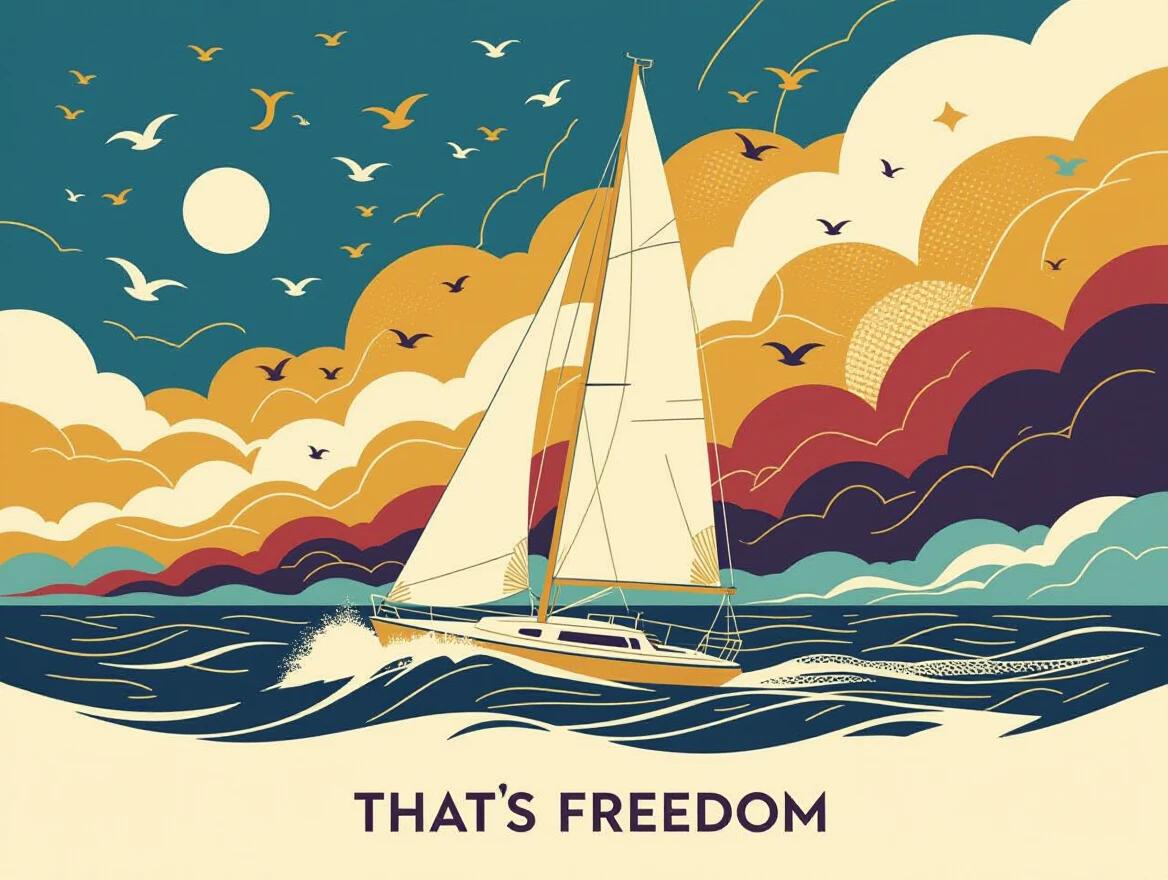 Sailboat on the ocean waves under a bright sky. Colorful clouds in shades of gold and plum. A scene evoking freedom and adventure. Includes birds in the sky. Text that says 'THAT'S FREEDOM'. Deep colors used in the composition.