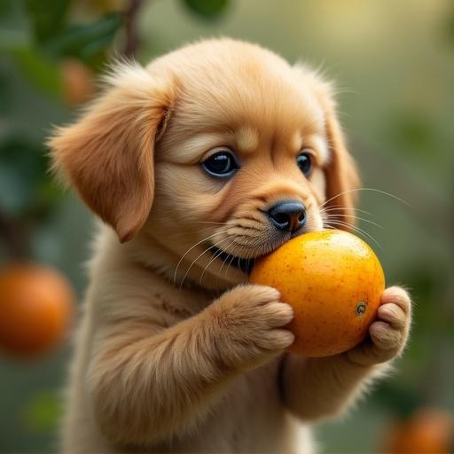 A cute puppy holding an orange in its paws. Soft fur and expressive eyes create a playful scene amidst green foliage. The puppy appears curious and joyful while interacting with the fruit.