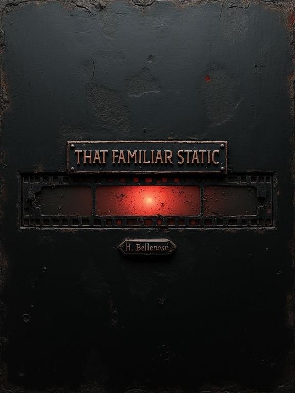 Dark minimalist artwork featuring a textured black background. Central damaged film negative with subtle glowing frame. Distressed black metal plaque displays the title. Small crooked nameplate at the bottom. Emphasizing gritty textures and moody atmosphere.