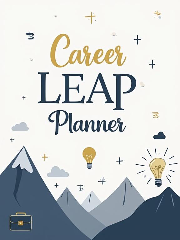 Design features a modern digital planner layout. Blue and gold color scheme is used. Includes icons like a mountain peak, a briefcase, and a lightbulb. Bold text states 'Career Leap Planner.' Additional motivational phrases are smaller. A clean, inspiring aesthetic is present.