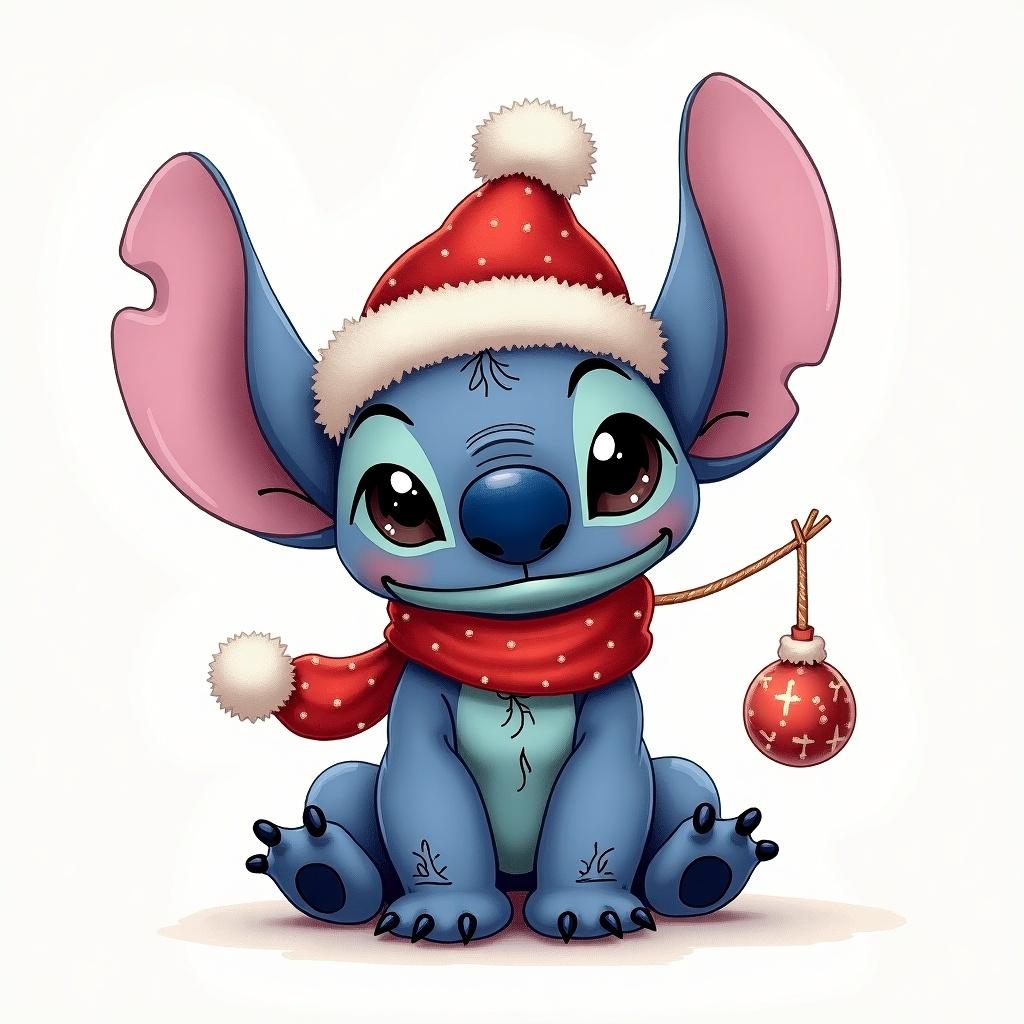 A cute blue alien creature wears a red Christmas hat and a matching scarf. This character holds a Christmas ornament. The creature's name is depicted in a festive way. The style is vibrant and engaging for children and holiday lovers.