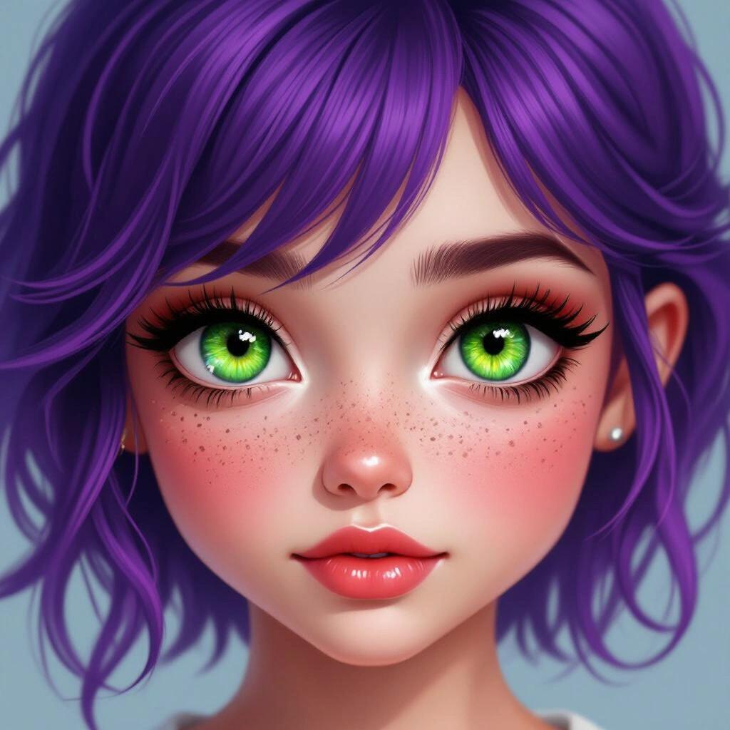 Close-up view of a girl with striking green eyes. Hair appears vibrant purple and has a realistic texture. The skin tone is rich red, with visible freckles on the face. The background is a soft blue enhancing the character's colors.