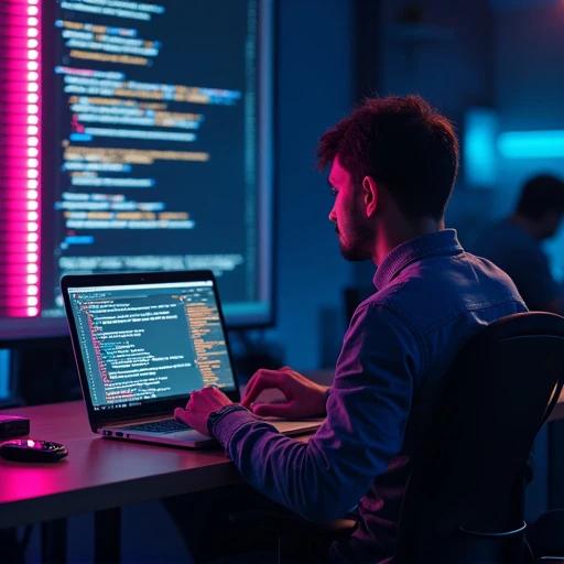 A man is focused on typing at a laptop on a desk. The background glows with colorful lights accentuating coding text. The atmosphere suggests a high-tech environment. The action signifies deep concentration in programming.