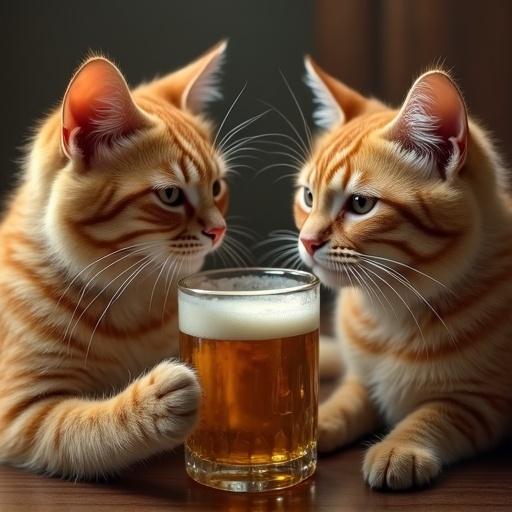 Cats sit beside a glass of beer with playful expressions.