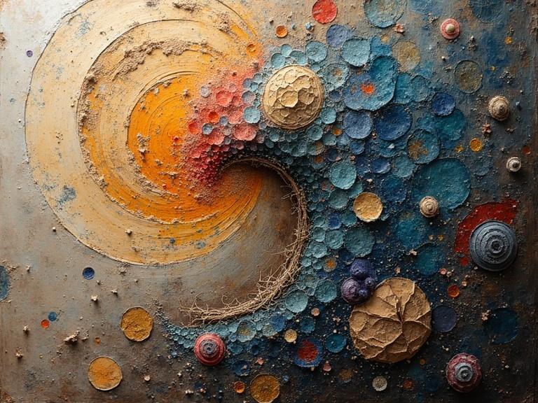 3D multilayered oil painting with vibrant colors. Textured elements like jute, wood, sand, and paper. Mixed media with scratches and tears. Evokes depth and surface feel. Features luminous colors in an abstract design.