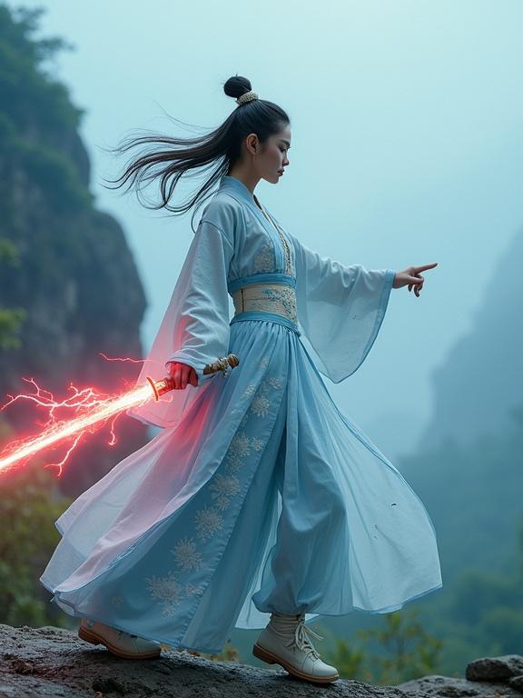A young female warrior in a dynamic pose in a misty mountain forest. Wearing traditional Chinese hanfu in pale blue with white floral embroidery. Hair tied in a high bun with loose strands. Holding a glowing red energy sword with crackling lightning. One hand pointing forward confidently. Wearing white fabric shoes with subtle blue floral embroidery. Surrounded by rocky terrain and lush greenery. Ethereal atmosphere with soft natural light.