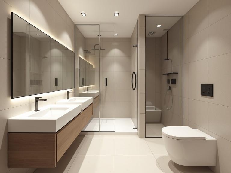 Small lavish bathroom design with a walk-in shower in the center. Features a glass partition, two modern basins with mirrors on the left, a single toilet on the right, tiled walls and floor. Soft lighting and compact layout emphasized.