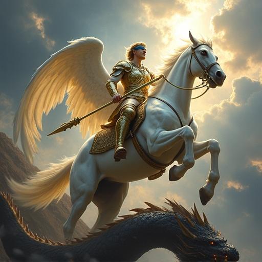 Majestic angelic warrior clad in white and gold armor. Cobalt blue blindfold tied across eyes. Mounted on powerful white celestial steed. Charging through sky with wings spread wide. Thrusting golden spear into heart of black dragon. Dragon coils below amidst stormy battlefield. High-fantasy semi-realistic style. Ethereal light beams break through dark clouds. Holy radiance on angel and steed. Battle of light versus darkness unfolds.