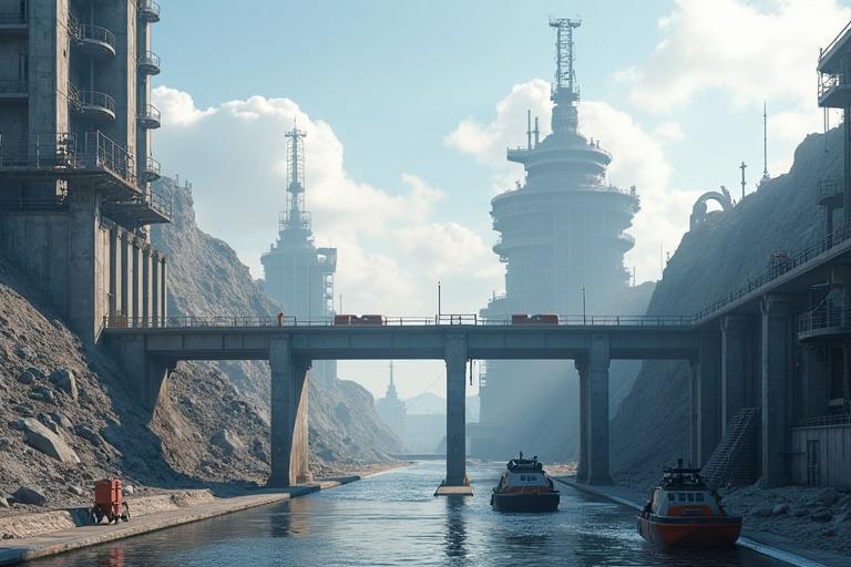 Create an image of a large grey sci-fi shipyard military base with blocky greeble designs. Include pipelines, metal steps leading to a tower, ladders, a large construction pit, a metal bridge, and an underpass. Show metal floors and a huge platform with towers. Include small figures for scale, under a sunny sky with textures and shadows in high detail.