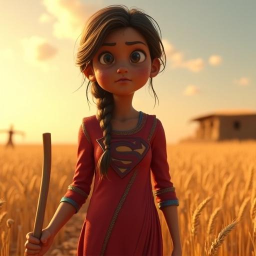 A Pixar-style 3D scene of Supergirl in red-and-blue salwar kameez. She has her 'S' logo embroidered on the back. Standing in a wheat field under the sun. Sweat on her forehead, holding a curved sickle. Long braided hair sways in the wind. Wheat field extends to the horizon. Mud hut and scarecrow in background. Bright daylight with slight dust particles. Medium wide shot from front.
