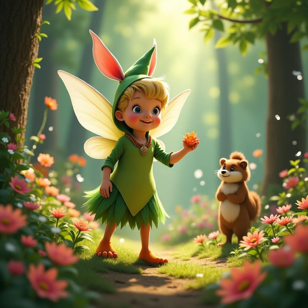 Character with fairy wings in a forest holding a flower. Friendly animal nearby. Adventure theme.