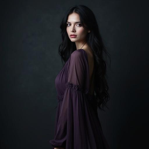 Full body shot of a woman standing beneath moonlight. She exhibits a calm and composed expression. The woman has long dark hair and is dressed in a dark violet and charcoal grey layered dress. The dress is flowing and subtly fitted, featuring long sleeves and a slight slit. Background is minimal and dim, enhancing her mystique and elegance.