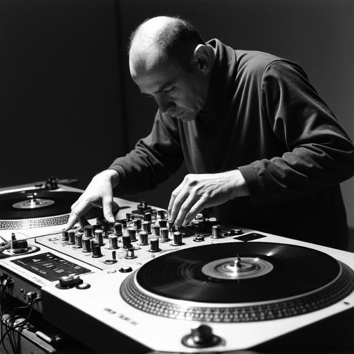 A DJ performs at the 1992 Ortofon World DJ Mixing Championships eliminations. The DJ is focused on mixing tracks quickly on two turntables. The setting has a moody atmosphere with low lighting highlighting intense action during a live performance.