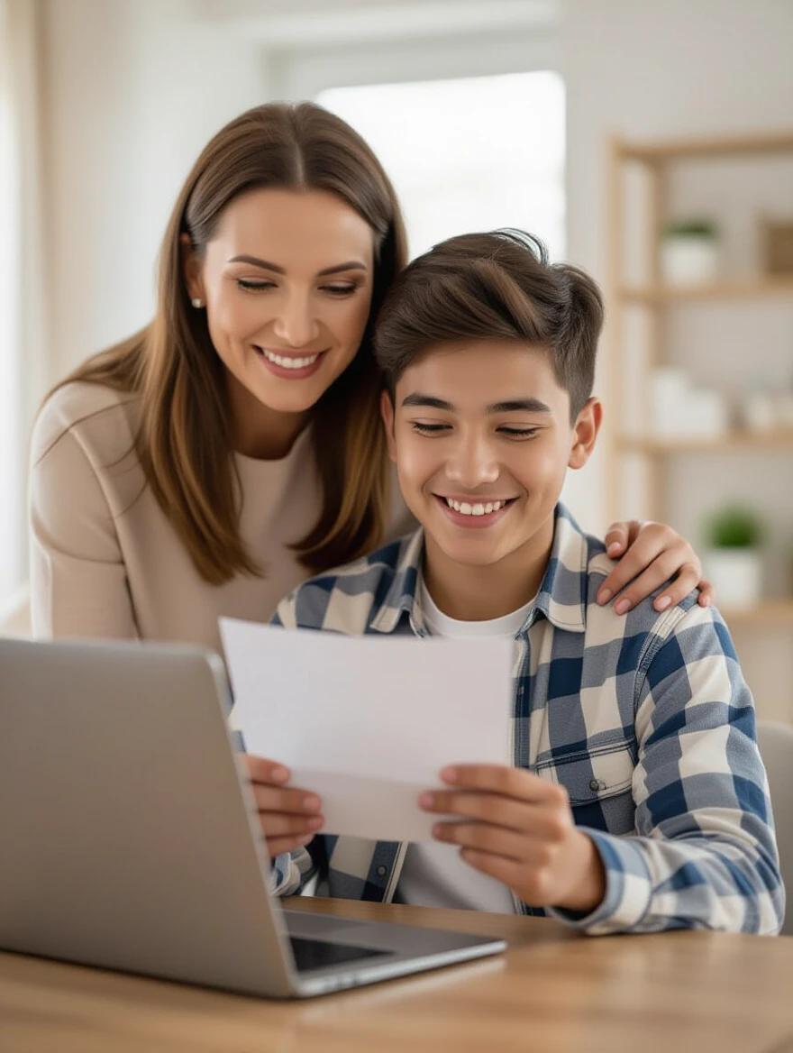 Mother stands behind son. Son smiles while reading university acceptance letter on laptop. Expressions show pride and emotional connection. Background hints at organized space with better lighting. Soft focus on faces, cinematic look.