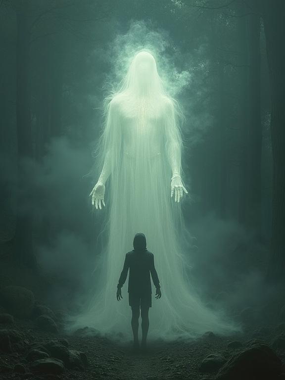 Soul depicted leaving a human body. Ghostly spirit illustrated floating upwards. Figures in a dark forest setting. Eerie atmosphere surrounding them.