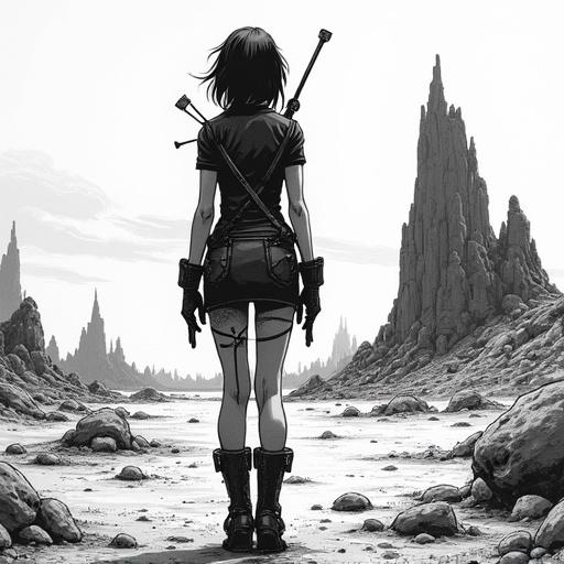 A girl with android features stands in a wasteland. Black and white ink style. Uses Floyd–Steinberg dithering. Hard manga lines evoke Masamune Shirow's energy.