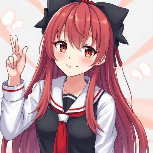 Anime character with red hair smiling. Wearing a school uniform and making a peace sign. Background has light elements that enhance the mood.