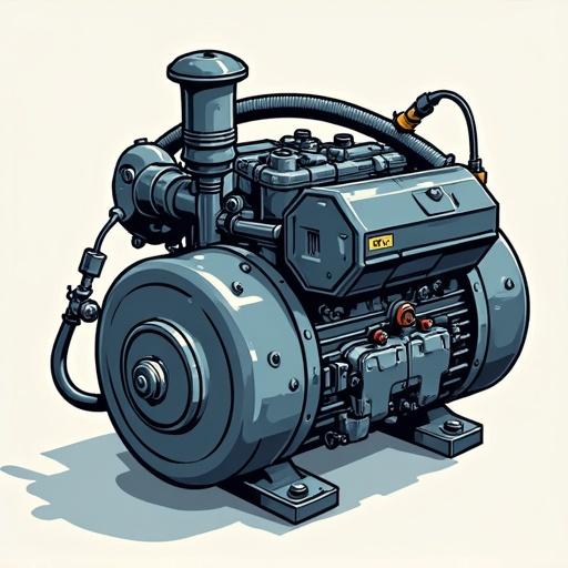 Cartoon style illustration of an AC compressor engine. Features bold lines and a playful design. Emphasizes the compact look and engineering details.