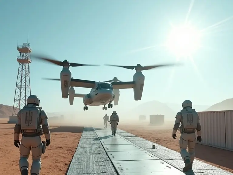 Cinematic live action scene showing a sci-fi osprey jet drop ship landing on a landing pad. Sci-fi soldiers in light grey exosuits are walking around. Background features a radio tower and a sunny desert landscape with blue skies. Sun is visible in the background, creating a long blue anamorphic wide lens flare. Silver metal bevel container crates and dusty metal grate floors are present, with dust blowing in the wind and realistic reflections and shadows.