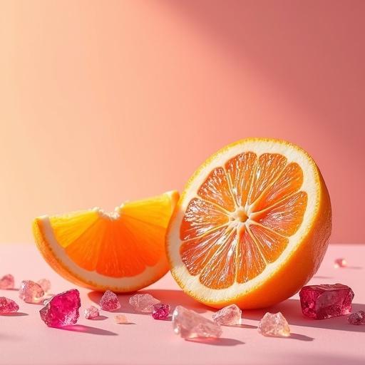 Incredible realistic summer still life features sliced citrus fruits and crystal jewelry. Clean peachy-pink background creates vibrant reflections. Composition follows golden ratio with scattered gemstones. Bright soft light enhances colors and shadows.
