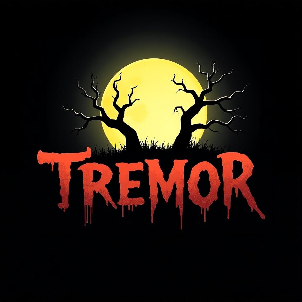 The logo design features the word 'Tremor' prominently at the center, styled with a rough, spooky texture. Behind the text, a large, full moon shines brightly, casting an eerie yellow glow. Dark, twisted branches extend towards the moon, enhancing the horror theme. The background is a deep black, creating strong contrast with the moon and the text. This overall design emphasizes a haunting yet captivating aesthetic, ideal for a horror game.