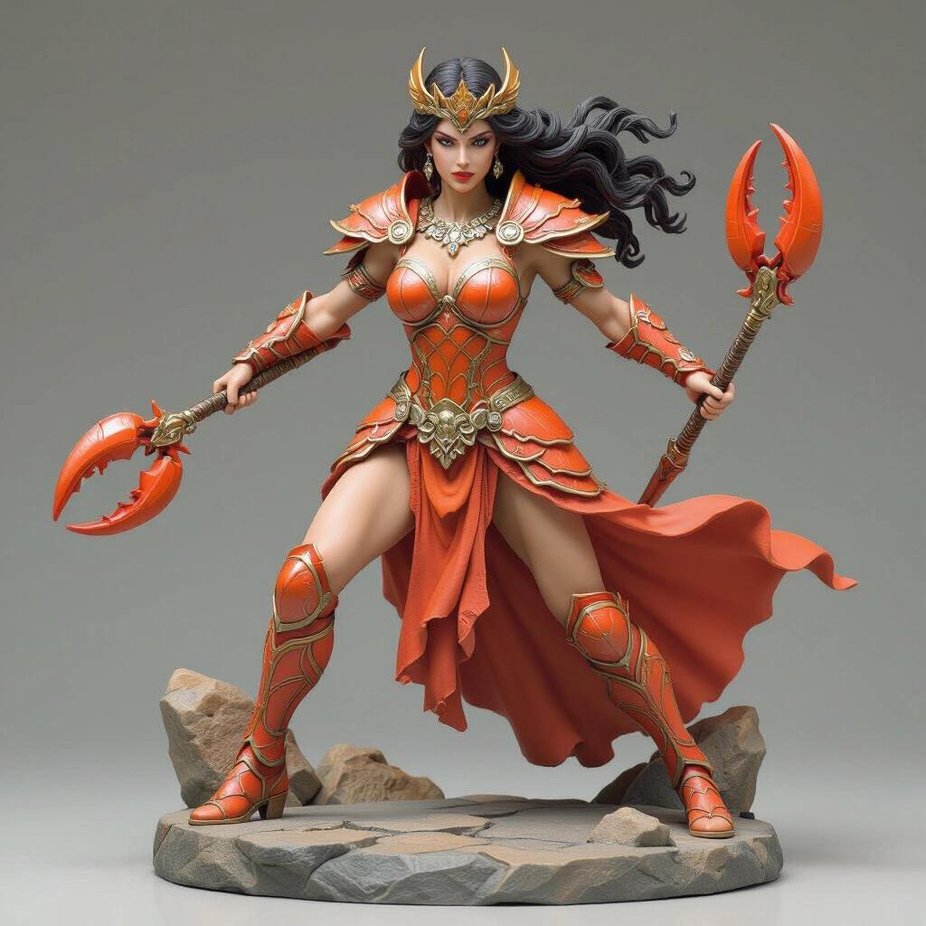 Ultra-detailed 3D figure of a warrior goddess inspired by Cancer. She wears orange and coral armor with shell texture. No crown. Dynamic and aggressive pose mid-attack. Holds crab-claw-shaped daggers made of shiny steel. Round base of carved stone. Long hair billows back in the wind. Realistically styled for resin printing. Professional rendering with studio lighting.