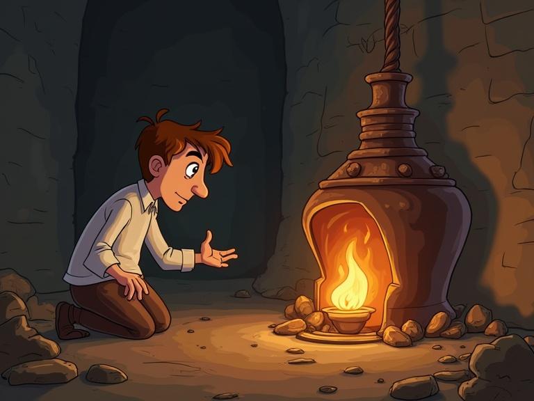 Cartoon scene of a man kneeling near an old copper lamp with a flame. Story of discovery.