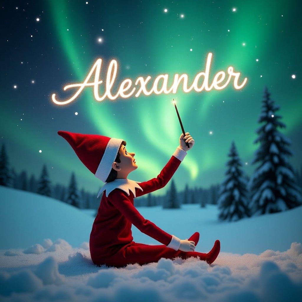 Elf sits on snowy landscape looking up. The elf writes 'Alexander' using a magic wand. Background shows northern lights. Red outfit contrasts with snow. Scene captures holiday magic.