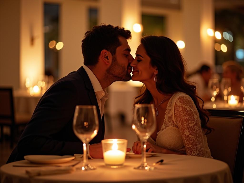 a couple enjoying a romantic dinner in a dimly lit restaurant with candlelight, showing intimacy and happiness