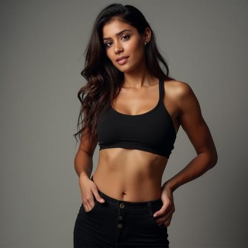 Curvy athletic woman posing in black crop top and jeans. The background is a soft gray. She appears confident and youthful.