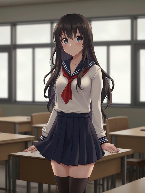 Character in a school uniform standing in a classroom. Wearing a blouse with a tie, skirt, and thigh-high socks. Background features desks and windows.